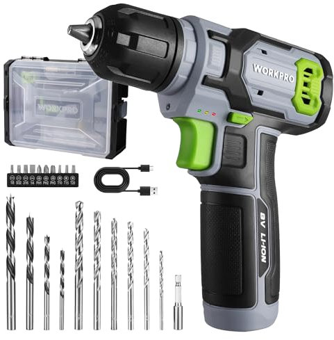 WORKPRO 8V Cordless Drill Driver Set, Electric Screwdriver 3/8 Keyless Chuck, Max Torque 12 N.m, 2 Ah Battery with 21 Pcs Accessories and Single Layer Stack & Carry Box, Ideal for Home DIY Project