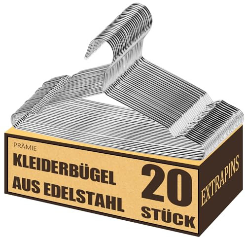 EXTRAPINS 20 Stück Kleiderbügel aus Metall, Strapazierfähige Drahtbügel Mit Einkerbung, Silber für Anzug T-Shirt Hemden Hosen, rutschfest und Stabil, 42 cm