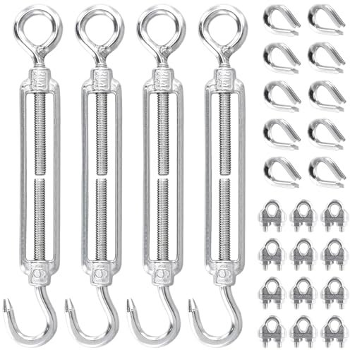 KEILEOHO Seilspanner Spannschloss Set, 4 Spannschloss Edelstahl M6 + 12 Drahtseil Klemme + 10 Kabelkausche, 145mm Verstellbare Spannschloss M6, Drahtspanner Edelstahl Seilspanner