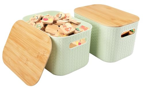 2 PCS Storage Box with Bamboo Lids,Storage Basket Stackable Storage Box,Plastic Storage Containers with Handle,Bread Holder Bin for Kitchen Countertop Organizer,Green,25.5 * 18 * 15CM