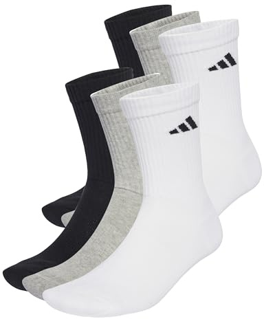 adidas Unisex CUSHIONED CREW SOCKS 6 PAIR PACK, White/Medium Grey Heather/Black, 4.5-6