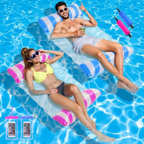 Lot de 2 Bouee Piscine Adulte,4 in 1 Matelas Piscine,Flottant Hamac Gonflable,Hamac de Piscine,Matelas Gonflable Piscine,avec 2 Pompe à Air Manuelle 2 Poches Etanches pour Téléphone,pour Plage,Partie
