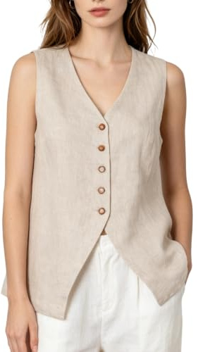 Amazhiyu Women 100% Linen Waistcoat-Casual V Neck Sleeveless Button Crop Top Flax L