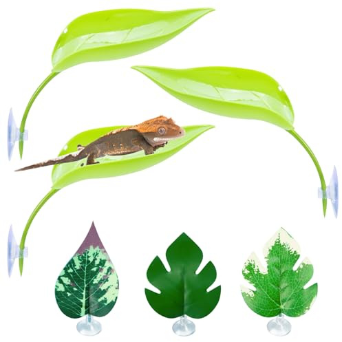BNOSDM Crested Gecko Tank Accessories 3 Pcs Plastic Leaf Decorations with Suction Cup Gecko Climbing Toy Frog Habitat Platform Reptile Terrarium Decoration for Tree Frog Resting Spot