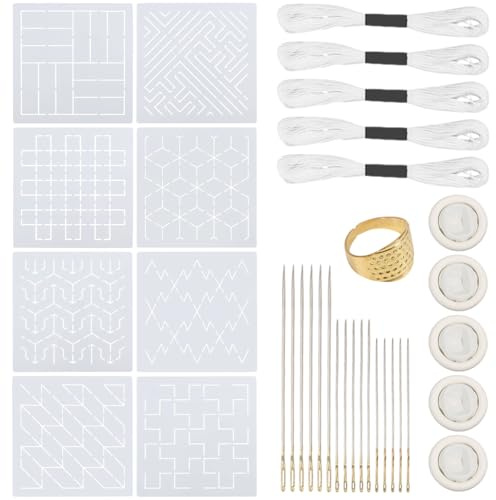 FREEBLOSS Set di 35 stencil Sashiko, set da ricamo include 8 diversi stencil in PET. 5 fili da cucito, 16 aghi, 5 ditali, 1 ditale per cucito, trapuntatura, kit di accessori