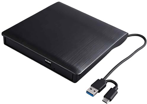 Kryolithm Lecteur CD/DVD Externe USB 3.0 et Type-C, Lecteur de disquettes Externe pour PC/Ordinateur Portable, Lecteur DVD Compatible Windows 98/11/10/8/7/XP/Vista et Mac OS 8.6, Noir