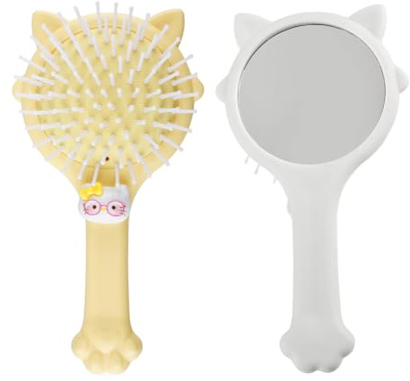 Lotsdonxia 2 Pcs Circular Cat-PatternedHair Brushes, White Yellow Set, Soft Bristle Detangling for Wet Dry Hair, Ergonomic Plastic Handle