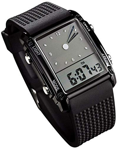 FANMIS Men's Rectangle Dial Sports Wrist Watches with 7 Colors Optional LED Backlight Multifunctional Alarm Stopwatch 12/24H Rubber Strap Watch