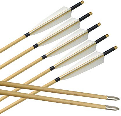 ZSHJG Fait Main Tir à l'arc Flèches en Bois Plumes de Dinde Traditionnel Flèches d'arbre en Bois pour Arc Long Arc Recurve (6 pièces)