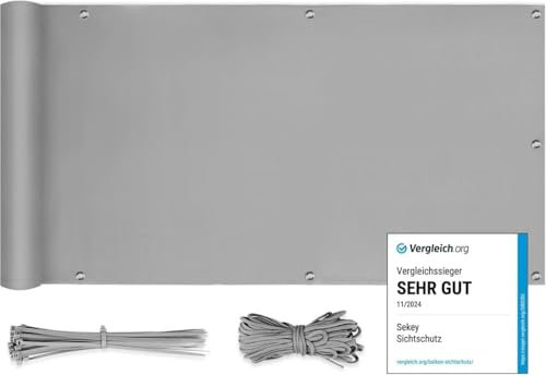 Sekey Balkon Sichtschutz Balkonabdeckung Balkonverkleidung blickdichte Wind- und UV-Schutz, 100% Privatsphäre, mit Ösen, Nylon Kabelbinder und Kordel, Hellgrau 0.75×3m