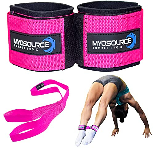 Myosource Kinetic Bands Tumble Pro X Ankle Straps Kit – Cheerleading Standing Tumbling Equipment, Gymnastics Backhandspring Trainer – Includes Flexibility Stunt Stretch Strap – Pink
