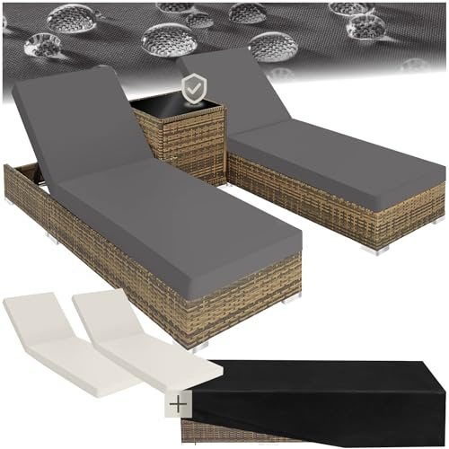 tectake® Set 2 x Lettino Alluminio, Poly Rattan, Lettini Prendisole, Lettini da Giardino, Tavolo Giardino, Sdraio Prendisole, Sedia, Involucro Protettivo, 2 Federe - Naturale