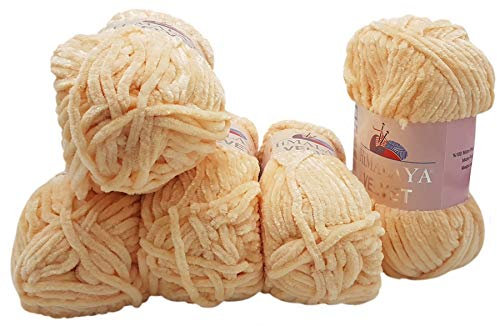 5 x 100 Gramm Himalaya Velvet Micro-Polyester Strickwolle, Babywolle samtig 500 Gramm Wolle (apricot 90033)
