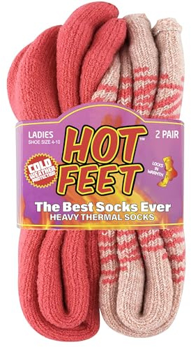 HOT FEET Thermal Socks For Women for Cold Weather – Thick Warm Winter Hiking Heat Insulated Socks, Women’s sizes 4–10.5, 2 PACK, Pink/Marl