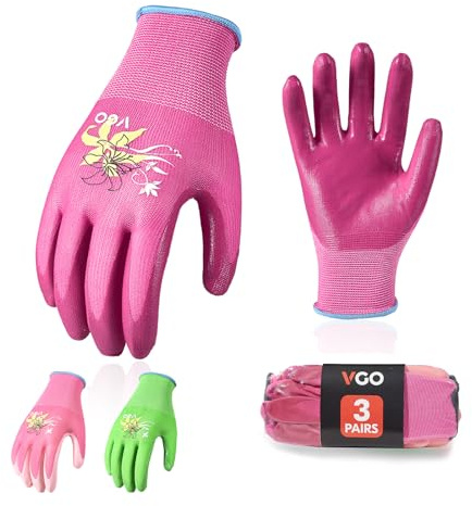 Vgo... 3-Pares Guantes de Trabajo de Seguridad para Adultos, Guantes de jardinería, Revestimiento de Goma Antideslizante, Guantes de Inmersión (RB6013,S, 3 Colores)