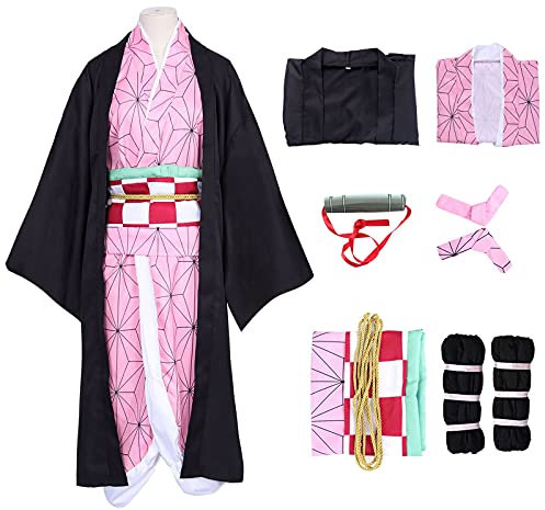 Formemory Nezuko Cosplay Kostüm Anzug Herren 8PCS Nezuko Kimetsu no Yaiba Kimono Halloween Anime kostüm Damen Herren Mädchen Und Mantel (L)