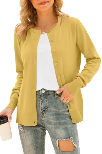 YUNDAI Womens Cardigans Long Sleeve Open Front Knitted Ladies Cardigan Button Round Neck Sweater for Women UK Lightweight Solid Color Jumpers, Large Yellow