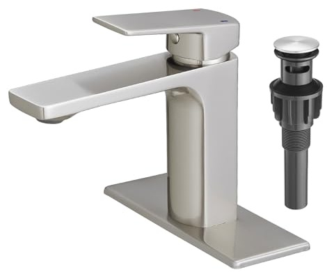 VOTON Brass Bathroom Faucet, Brushed Nickel Finish, Single Handle, 1 or 3 Hole Installation, Pop-up Drain, Flexible Hoses