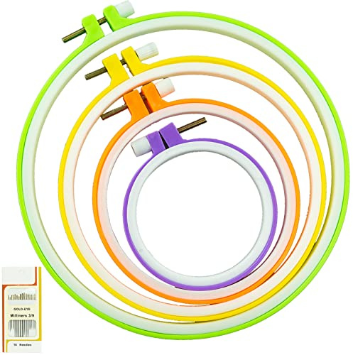 SZCXDKJ 4 Sizes Colorful Round Embroidery Hoop Set Plastic Circle Cross Stitch Hoop Rings for DIY Craft Sewing,Including 16pcs Gold Eye Sewing Needles,Embroidery Hoop
