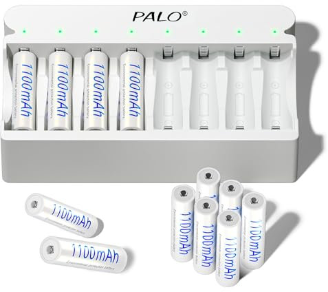 Mspalocell Pilas Recargables AAA con Cargador, 8 Ranuras 5V/2A USB Carga Rápida Portátil para Baterías Ni-MH 1.2V, Carga Independiente, 12 Pilas AAA Recargables con Cargador