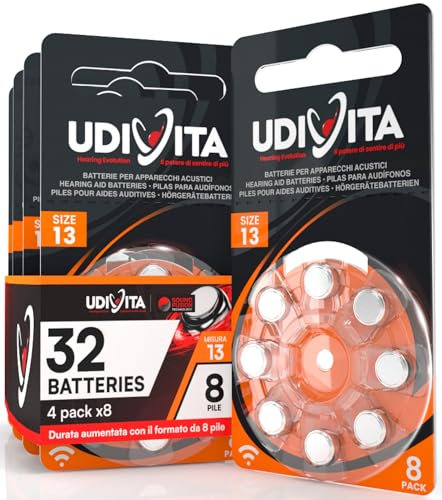 32 Pile Udivita per Apparecchi Acustici Misura 13 PR48 (Arancioni - Zinco Aria) con Phono Pulse Technology - 4 Blister da 8 Batterie
