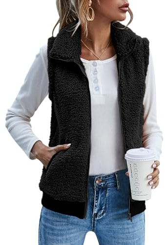 IECCP Gilet in pile teddy da donna, gilet caldo senza maniche per autunno e inverno, giacca teddy casual e leggera, gilet da donna cappotto autunnale con colletto alto, Nero , XL
