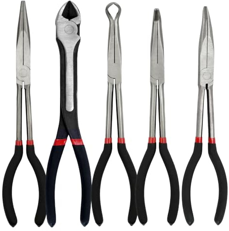 MFBJXC 5-Piece 11 Extra Long Needle Nose Pliers Set with Insulated Comfort Grip, Straight Long Reach Plier, 45/90°Bent Nose Pliers,O-shaped nose plier,Diagonal Plier for Bending Shaping Trimming