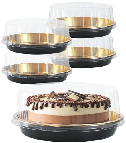 FEOOWV 5Pack 10inch Round Clear +Gold Cake Carriers for Transport Plastic Cake Containers Carriers with Dome Lids and Cake Boards Clear Bundt Cake Boxes