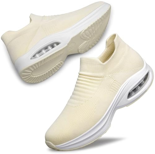 ADQ Scarpe da ginnastica da donna, da corsa, camminata, leggere, in rete traspirante, senza lacci, con cuscinetto d'aria, per palestra e jogging, Beige, 36 EU