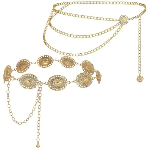 2 unidades de cinturón dorado con cadena dorada, cadena de vientre dorado, cinturón ancho ajustable para mujer y fácil de usar, cinturón dorado, se puede combinar con vestidos vaqueros y otras prendas
