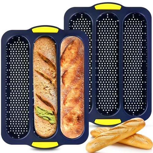 XenMee 2 Pcs Silicone Baguette Bread Pan, Non-Stick Bread Loaf Pan Food Grade, 3-Cavity Perforated French Baking Mold for Homemade Bread, French Baguette, Sandwich Rolls