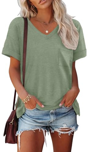 Cuptacc t-shirt damer sommar v-ringad basic top kortärmad lös elegant | Fritid, vardag, mode, lös, andas, klassisk, enkel, lätt och luftig, enfärgad, med ficka, elastisk