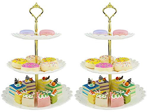 Hetoco 3-tier Gold Plastic Dessert Stand Cake Stand Cupcake Stand Holder Serving Platter for Party Wedding Home Decor - Set of 2