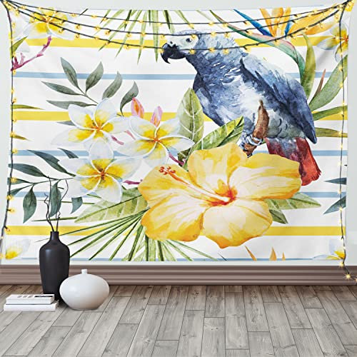 ABAKUHAUS Bunt Wandteppich, Tropic Exotic Papageien aus Weiches Mikrofaser Stoff Waschbar ohne Verblassen Digitaldruck, 150 x 110 cm,Weiß Gelb