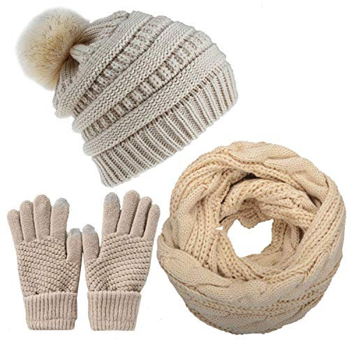 CheChury Strickmütze Wintermütze Schal Set Beanie Gestrickt Fleece Bommel Touchscreen Handschuhe Set Winterschal Kombi Set Loop Grobstrick Schal Damen Geschenk Winterzubehör