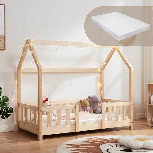 [en.casa] Lit Cabane avec Matelas à Mousse Froide Anti-Allergique Lit Enfant en Forme de Maison avec Sommier à Lattes Barrière de Sécurité Bois de Pin Contreplaqué 70 x 140 cm Naturel