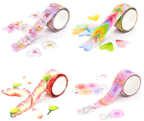 ASFINS Papier Blütenblatt Sticker, 4 Rolle Washi Tape Blumen Washi Aufkleber Masking Tape, Tagebuch Sticker für Bastler, verschönert Journals, Planer, Karten und Scrapbooking (200 Stück/Roll)