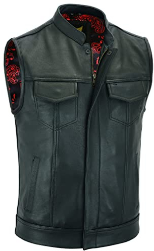 Leatherick Groove Club svart läderväst för män – traditionell paisley satin foder med svarta sömmar, svart