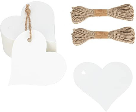G2PLUS 100PCS Heart Blank Gift Tags, White Heart Paper Tags, Kraft Paper Lables with String for Wedding,Party Favors, Valentine's Day