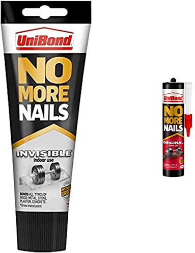 UniBond 1963625 No More Nails Invisible, Heavy-Duty Clear Glue, Strong Glue, 1 x 184g Tube & UniBond 1426052 No More Nails Original, Heavy-Duty Mounting Adhesive, Strong Glue, 1 x 365g Cartridge
