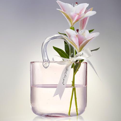 Jarrón de cristal, jarrón de bolso con pecera, jarrón con forma de bolso, para decoración del hogar, entrada, eventos, oficina, jardín, boda (rosa claro)