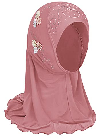 Mädchen Kopftuch Kinder Muslimischer Hijab Kleines Mädchen Moslem Schal mit Blumen Arabien Islamische Kopfkappe Kleidung Schal Sommer Stretch Turban Gesichtsschleier Kopfbedeckung (Blümchen-Pink)