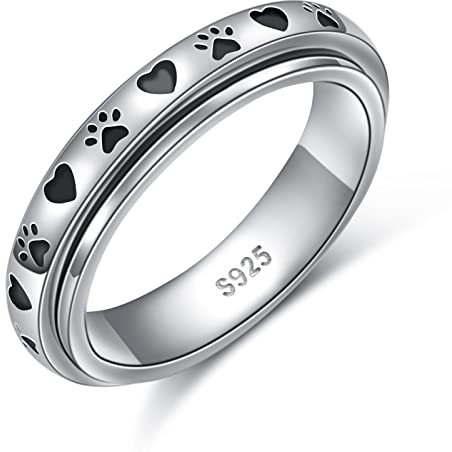 DAOCHONG Spinner-Fidget-Ring S925-Sterlingsilber Haustierpfotenabdruck Liebes-Herz-Sorgenband Zappeln Stressabbau Langeweile Autismus Ringe für Angst Frauen Männer Tochter (59,5)
