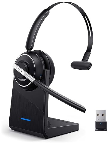 Bluetooth Headset, Wireless Headset with Microphone for PC, V5.2 Computer Headset with Noise Cancelling Mic, USB Dongle, Charging Base & Mute Button for Work, Cell Phones, Computer (Black)