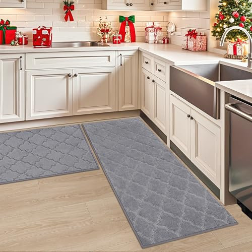 COSY HOMEER Küchenteppich 2 Stück, Teppich Küche Waschbar rutschfest, Küchenläufer, Teppichläufer Flur, Teppich Läufer für Küche, Flur, Wohnraum (60 x 90 cm + 60 x 150 cm, Grau)