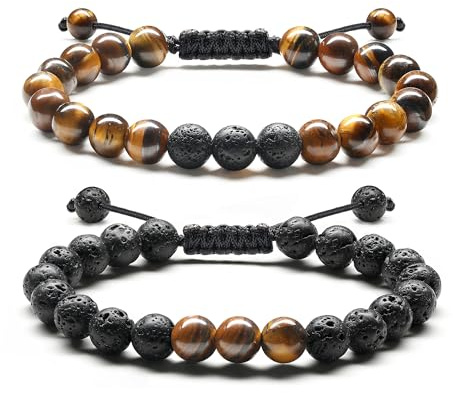 ADRAMATA Bracciale Uomo con Pietre Naturali 8MM in Ossidiana e Occhio di Tigre - Set di Perline Regolabili Fatto a Mano - Gioielli e Regali