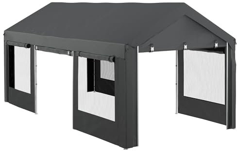 Outsunny carport, Carpa para Fiestas de Aprox. 6 x 3 m, Garaje Regulable en Altura, toldo para Coche con 4 Ventanas de Rejilla, 4 Puertas, para Coche, camión, Acero, Gris Oscuro