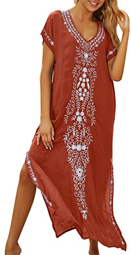 Kaftan dam lång strand – strandponcho dam lång boho – strandklänningar transparent sommarklänning V-ringad linneklänning luftig strandklänning lätt bikini täcka maxiklänning kortärmad tunika linne