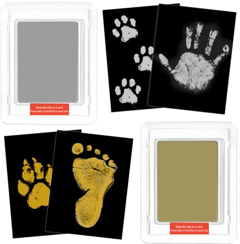 NECXON Kit de Huellas y Manos de bebé, 2 Almohadillas de impresión Grandes sin Tinta, Kit de Huellas de Perro, Nuevo Regalo para bebé, Kit de Huellas de Mascotas, Recuerdo (Oro + Plata)