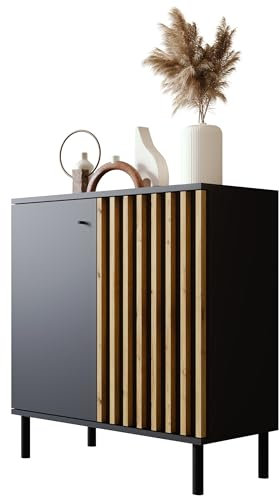 Newroom Kommode Wildeiche Schwarz Sideboard Modern Vintage - 80x85x40 cm (BxHxT) - Highboard Anrichte - [Ebono.Two] Wohnzimmer Schlafzimmer Flur Esszimmer